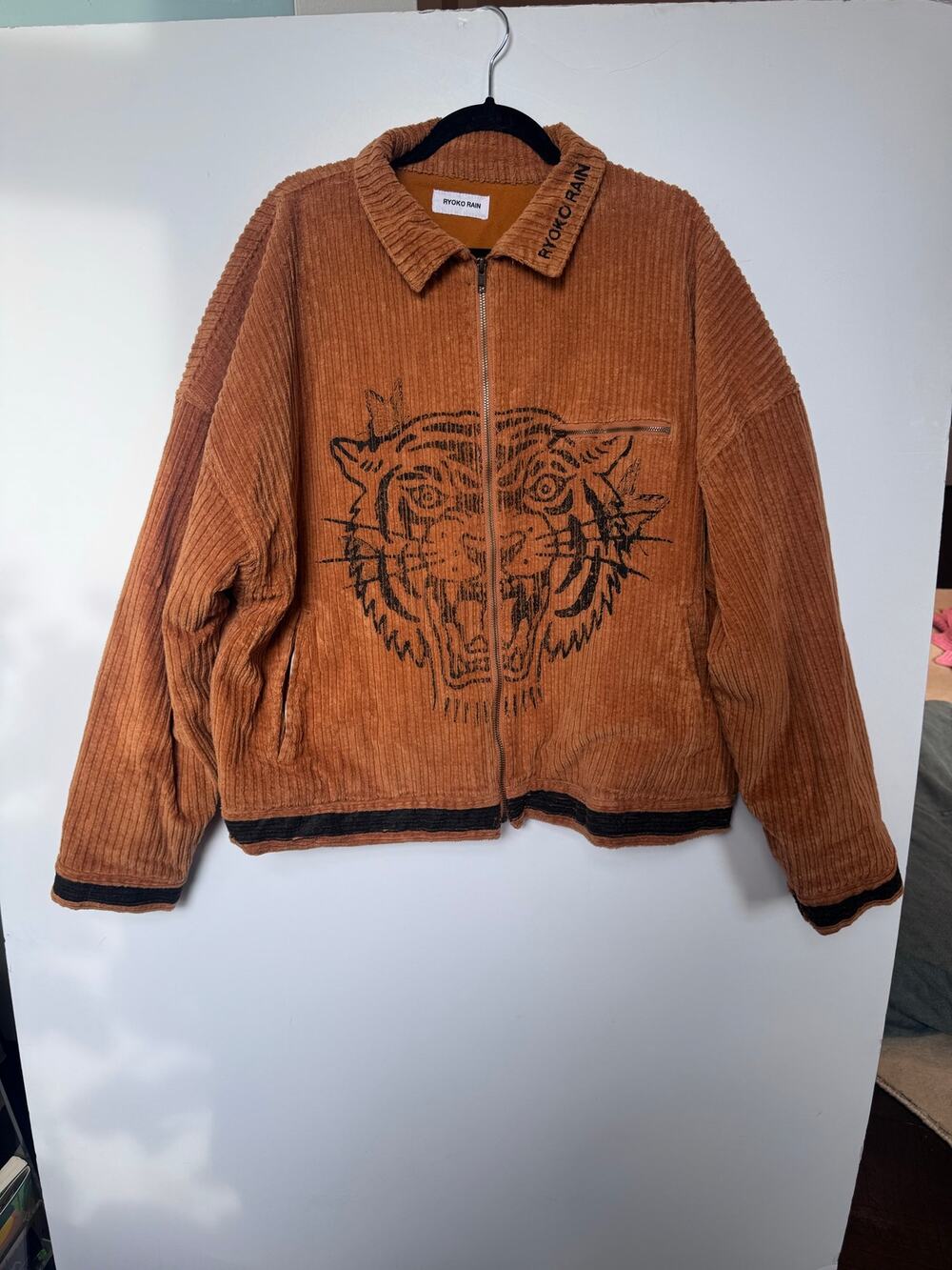 Ryoko Rain Tiger Corduroy Jacket Caramel Brown Streetwear Zip Up XL